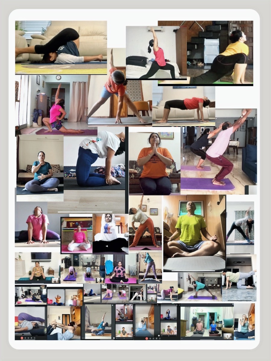 A grid of GoYoga students practising together in a live online teacher-training session